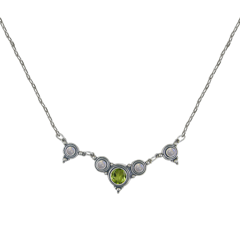 Sterling Silver Gemstone Necklace With Peridot And Rainbow Moonstone